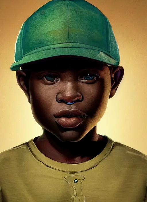 Prompt: portrait of a nigerian boy wearing a baseball cap with wires and computer chips dangling from inside, character concept art, art style by james jean, volumetric light, ray tracing, digital illustration, colourful, sharp, intricate detail, behance, artstation, pinterest,