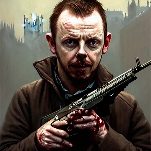 Image similar to portrait of simon pegg in the london of suburbs, winchester rifle, zombie apocalypse, joyful smirk, intricate, elegant, highly detailed, digital painting, artstation, concept art, matte, sharp focus, illustration, art by artgerm and greg rutkowski and alphonse mucha