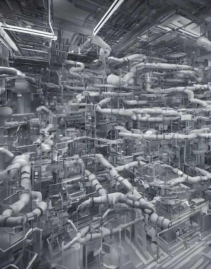 Image similar to a secret research center with a scanning machine connected by many computers with many pipes par ryan church, photorealistic, ultra detailed, cinematographic, filmic