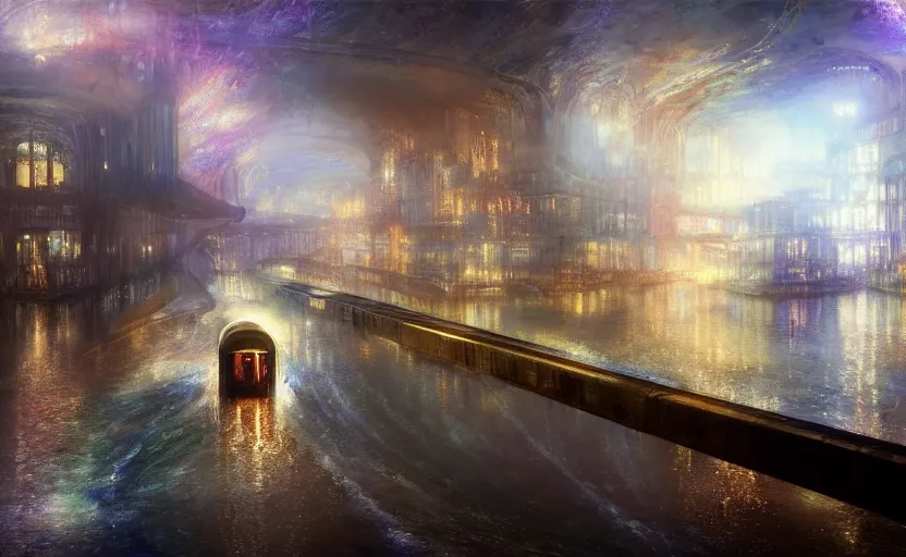 Image similar to an urban train rides inside of a waterway on a fantasy city. by artstation trending, by joseph mallord william turner, luis royo, konstantin razumov, cinematic lighting, fractal flame, highly detailed