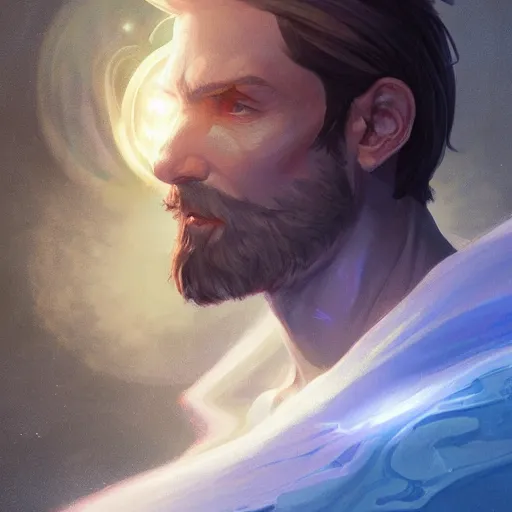 Image similar to bioluminescence portrait of a male wizard of the ice, muscle, D&D, fantasy, elegant, pale, highly dvetailed, digital painting, artstation, concept art, smooth, sharp focus, illustration, art by artgerm and greg rutkowski and alphonse mucha