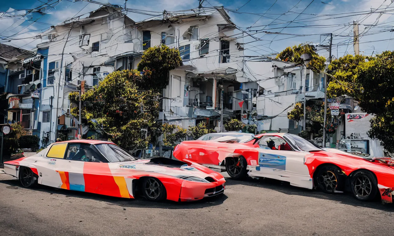 Image similar to fujifilm 8 k 1 4 0 mm photograph of nge street racer car parked in sunny santa cruz neighborhood, leica 8 k photograph of minimalist 9 0's need for speed street racer car made out of neon genesis evangelion angel metal parts