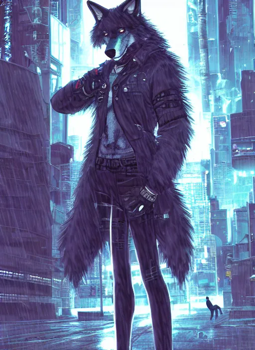 Image similar to character portrait of a male anthro wolf fursona with a tail and a cute beautiful attractive detailed furry face wearing stylish cyberpunk clothes in a cyberpunk city at night while it rains. hidari, color page, tankoban, 4K, tone mapping, Akihiko Yoshida.