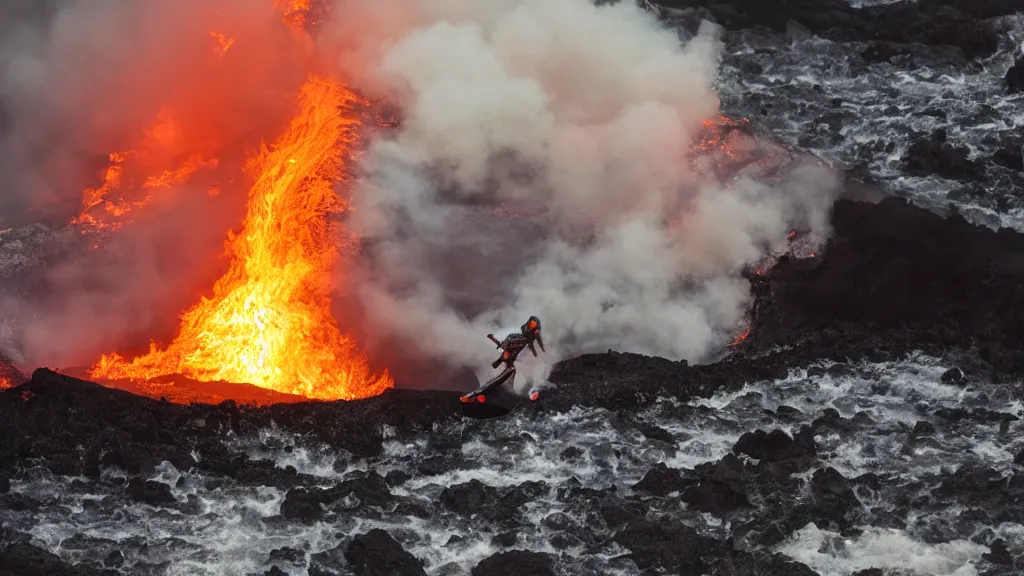 Image similar to person wearing a sponsored team jersey with logos surfing down a river of lava on the side of a volcano on surfboard, action shot, dystopian, thick black smoke and fire, sharp focus