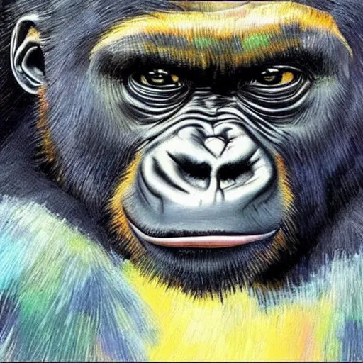 Prompt: a painting of a gorilla, hyper realistic painting in style of van gogh