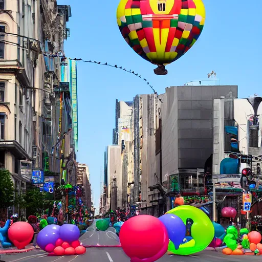 Image similar to Jeff Koons balloon statues in the middle of a busy city street