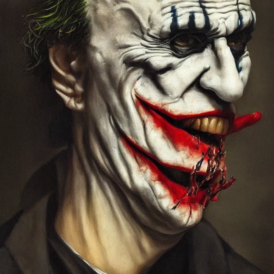 Prompt: a portrait of the joker art by rembrandt!! intricate. ultra detailed, oil on canvas, wet - on - wet technique, pay attention to facial details, highly realistic, soft lighting, intricate textures, illusionistic detail,