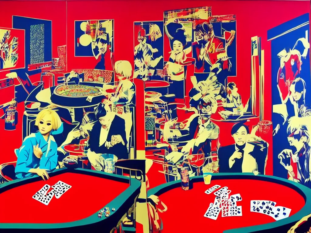 Image similar to hyper - realistic composition of a room with an extremely detailed poker table, croupier in traditional japanese kimono standing nearby fireworks in the background, pop art style, jackie tsai style, andy warhol style, acrylic on canvas