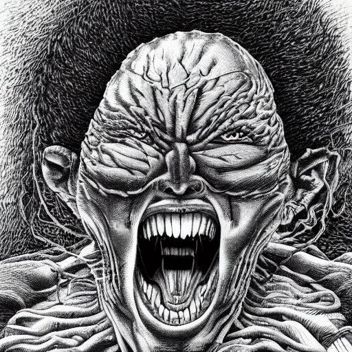 Prompt: extreme long shot view of a face in agony coming out of the ground by kentaro miura, hyper-detailed