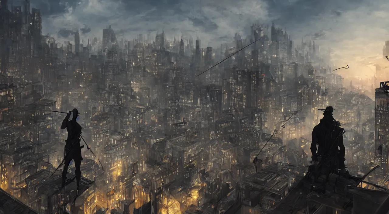 Prompt: Intense silhouette of a cool crossbow man on a rooftop watching over a bustling city, fantasy art, 4k, detailed, trending on artstation