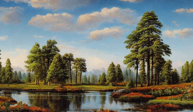 Prompt: A serene landscape with a singular building in the style of Ivan Shishkin.