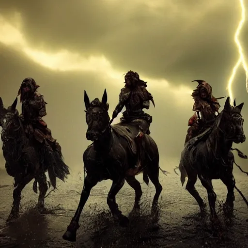 Prompt: a dramatic 85mm cinematic shot of the 4 horseman of the Apocalypse riding through storm and chaos, dramatic lightning, dark, filthy, mud, horror, trending artstation, octane render, 8k,