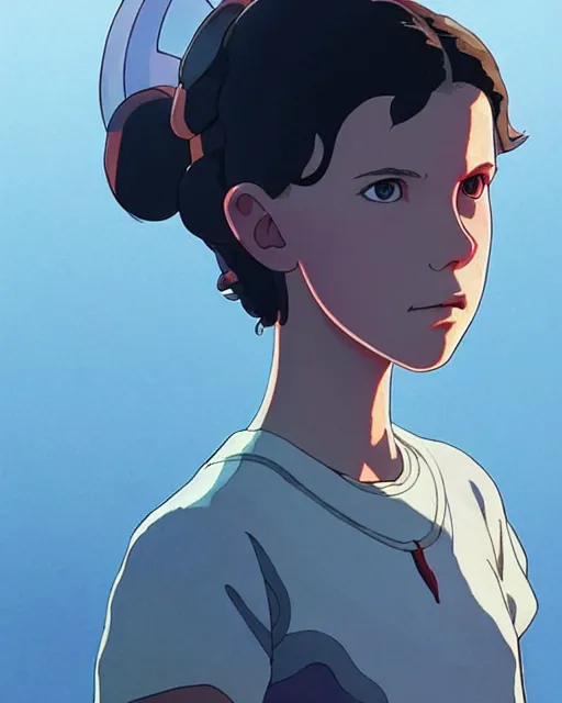 Image similar to millie bobby brown as an azctec warrior, detailed perfect face, exquisite details, fire magic, mid view, design on a white background, by studio muti, greg rutkowski makoto shinkai takashi takeuchi studio ghibli