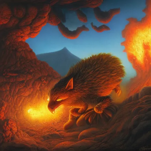 Image similar to animals running away from a volcano by justin gerard, deviantart