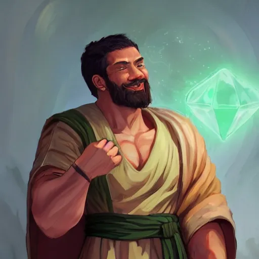 Prompt: a strong man with brownish-green skin and a warm smile, young man, wearing a toga, strong, scholarly, very short dark hair, peaceful, character art, full body art, Dungeons and Dragons, D&D, trending on artstation, artgerm, 4k ultra hd, sharp focus, digital art by Ilya Kuvshinov and Ross Tran