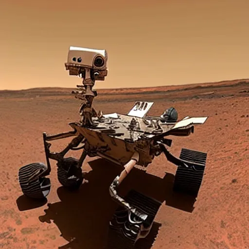 Prompt: photo of an alien riding on the mars rover