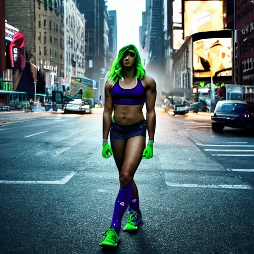 Image similar to Rhea Ripley as She Hulk on the street in New York City at night, Lights are on down the street, light fog in the background, cinematic, realistic, detailed, portrait, green skin