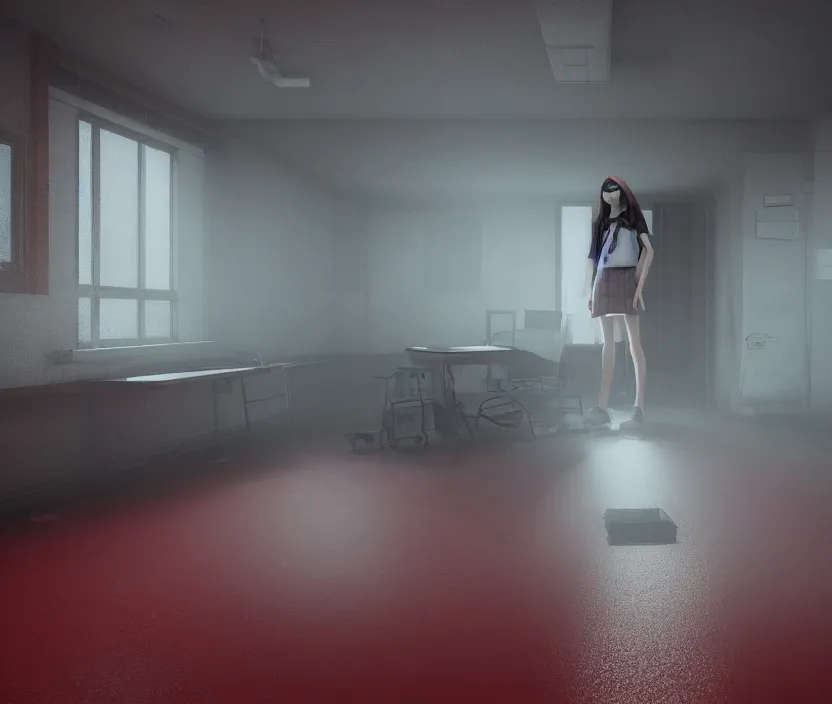 Image similar to school girl standing on an abandoned hospital room with red ceiling lighting and several blue lights on the walls, gloomy and foggy atmosphere, octane render, artstation trending, horror scene, highly detailded