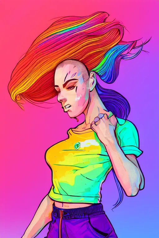 Prompt: a award winning half body portrait of a beautiful woman with stunning eyes in a printed croptop and cargo pants with rainbow colored ombre hairstyle head in motion and hair flying by josan gonzales, outrun, vaporware, shaded flat illustration, digital art, trending on artstation, highly detailed, fine detail, intricate