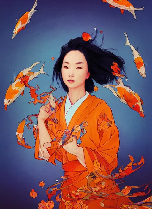 Image similar to portrait of mulan, koi fish, orange spike aura in motion, floating pieces, painted art by tsuyoshi nagano, greg rutkowski, artgerm, alphonse mucha, spike painting