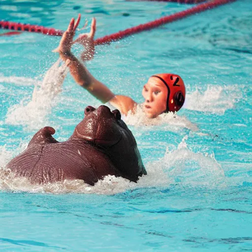 Image similar to water polo with hippopotamuses instead of horses.