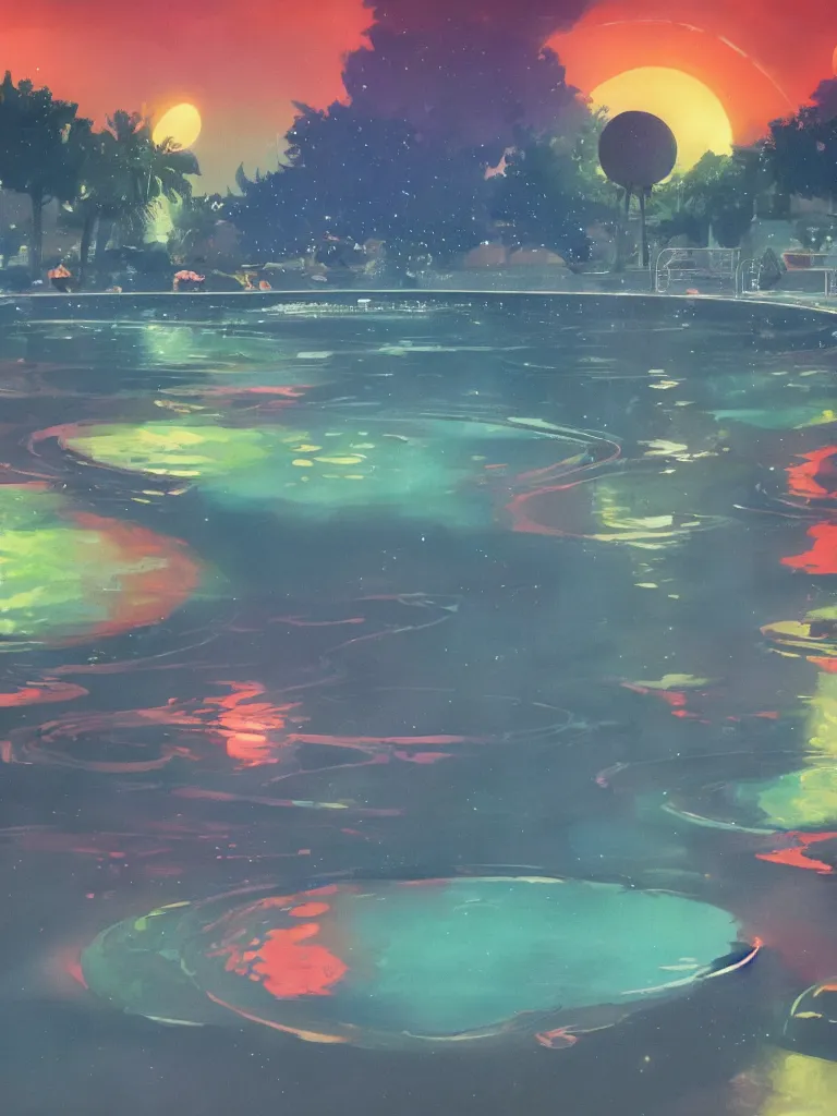 Image similar to neon moons reflected in a pool of water by disney concept artists, blunt borders, rule of thirds