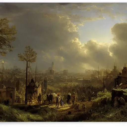 Image similar to post apocalyptic frankfurt, overgrown, landscape, romanticism by andreas achenbach