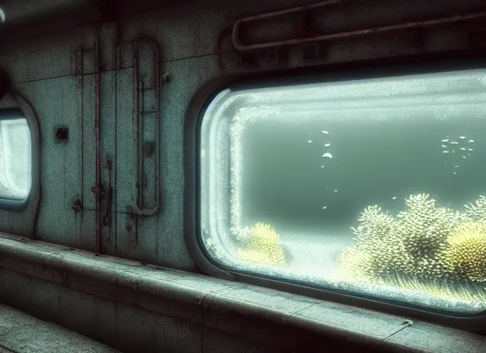Prompt: hyperealistic underwater old train with glowing window, high detailed, misty glows, seaweed, digital art, octane render