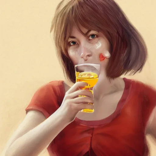 Prompt: epic portrait a drunk women drinking honey from a big wooden cup, Red nose, freckles, beauty, pretty face, glossy skin, red bang hair, white blouse with short sleeves, digital painting, artstation, concept art, soft light, hdri, smooth, sharp focus, illustration, fantasy, intricate, elegant, highly detailed, D&D, matte painting, in the style of Greg Rutkowski and Alphonse Mucha and artemisia, 8k, highly detailed, jurgens, rutkowski, bouguereau, pastoral, rustic, georgic