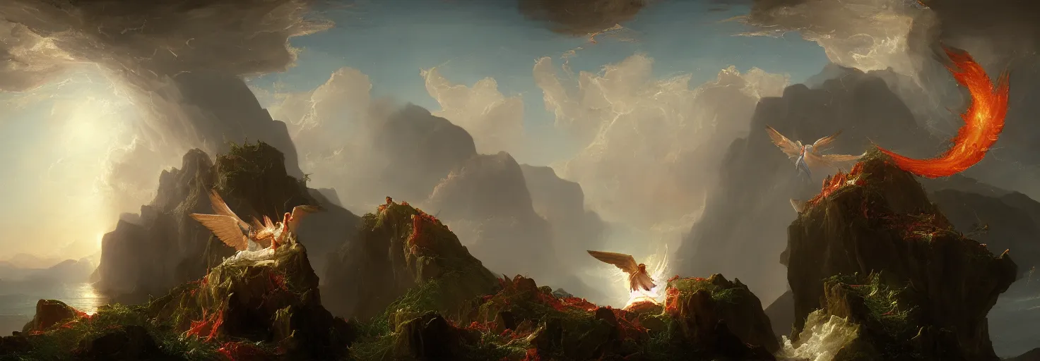 Image similar to an awe-inspiring thomas cole digital art landscape painting of Icarus crashing and burning while his father Daedalus looks on in disbelief, unreal engine, 4k, matte