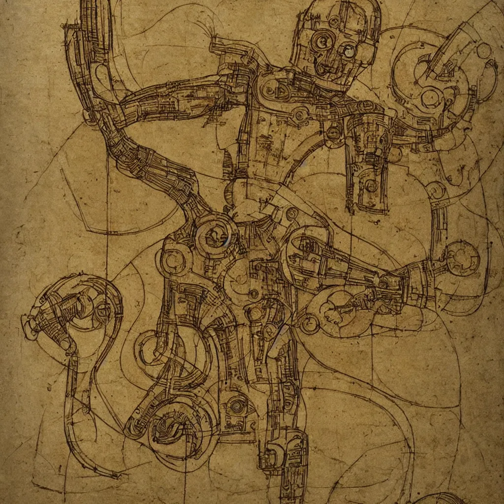 Image similar to c 3 po design schematic by leonardo da vinci, very detailed