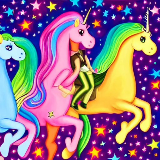 Image similar to a painting of three managers riding unicorns, a storybook illustration by Lisa Frank, featured on pixiv, magical realism, irridescent, storybook
