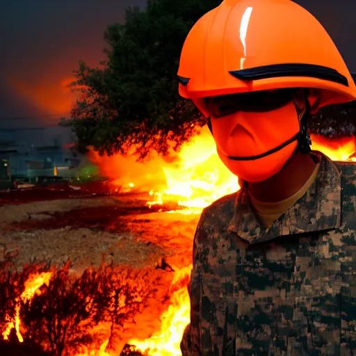 Image similar to a soldier with a glowing orange visor, a half-turn looks into the camera, bodies of the dead are scattered around, an fire in the background, 4k, details, dramatic pose