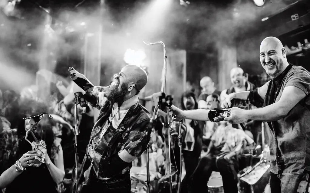 Prompt: photography of the musician marc rebillet drinking champagne at his concert, public is annoyed and throws cans on the stage, a big bald guy is laughing and points at marc rebillet 4 k,