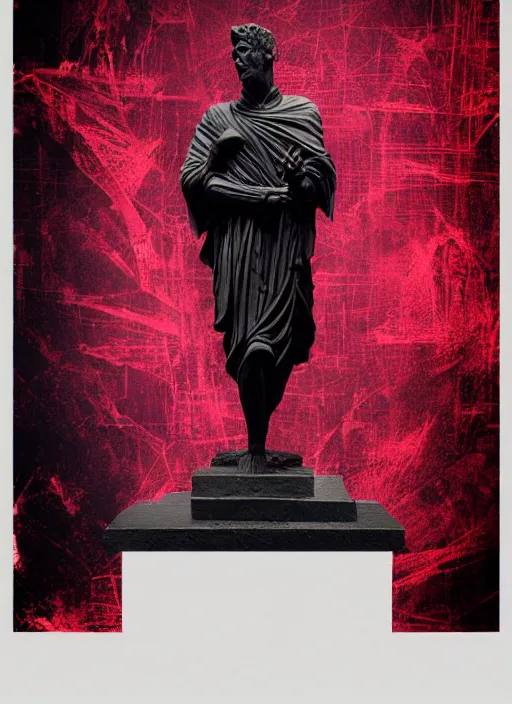 Image similar to elegant dark design poster showing a statue of julius caesar, black background with very subtle red and purple design elements, powerful, nekro, vito acconci, thin straight lines, dark, glitch art, neo vaporwave, gritty, layout frame, square, extremly detailed, trending on artstation