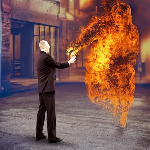 Prompt: A man in a suit on the left shakes hands with a man made of fire and plasma in the right, alleyway, downtown, realistic digital photo, surreal