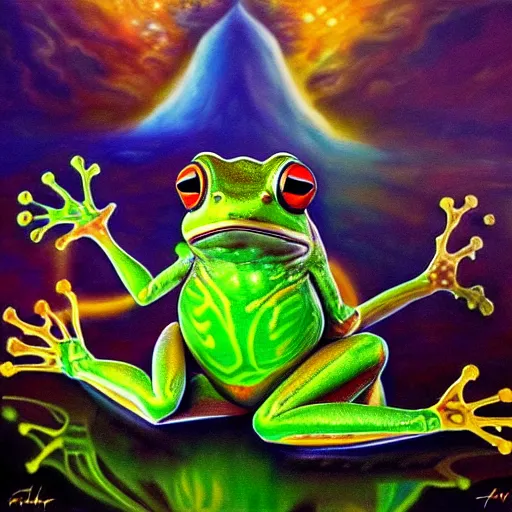 Prompt: the cyborg frog in the astral realm sacred journey in oil painting, trending on artstation, award winning, emotional, highly detailed surrealist art