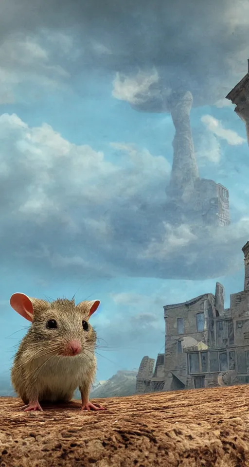 Image similar to close - up selfie shot of dwarf fat - tailed jerboa with rusty broken building constructions of a giant spiral upside - down staircase for multiple cases, leading to the sky, the ruins, in the steppe, summer field, misty background, from the game pathologic 2, highly detailed, sharp focus, matte painting, by isaac levitan and asher brown durand,