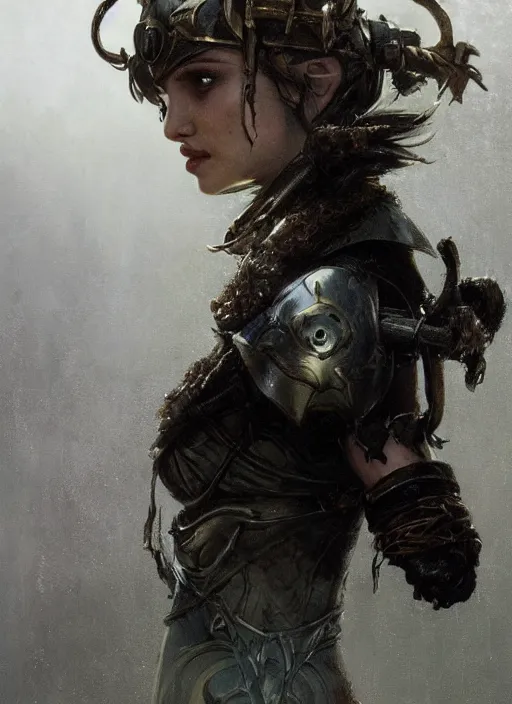 Image similar to young natalie portman, legendary warrior, warframe, lord of the rings, tattoos, decorative ornaments, battle armor, carl spitzweg, ismail inceoglu, vdragan bibin, hans thoma, greg rutkowski, alexandros pyromallis, cute, perfect face, detailed, sharply focused, centered, rule of thirds, photorealistic shading