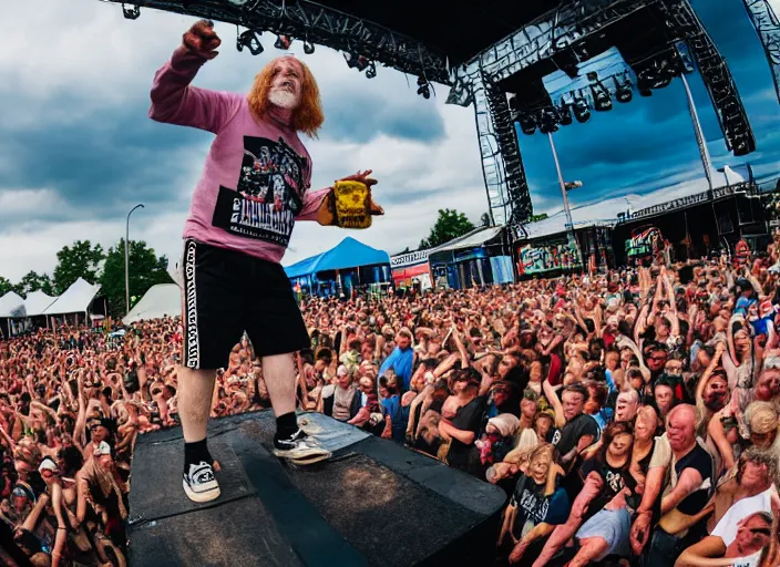 Prompt: photo still of gallagher at vans warped tour!!!!!!!! at age 6 3 years old 6 3 years of age!!!!!!! throwing bees at a crowd, 8 k, 8 5 mm f 1. 8, studio lighting, rim light, right side key light