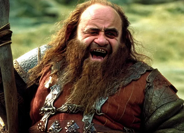 Image similar to film still of danny devito as gimli in lord of the rings movie, 8 k