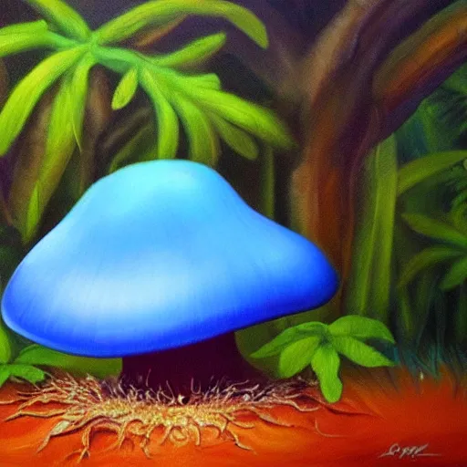 Prompt: A huge glowing blue mushroom inside a rainforest, oil painting, hyperrealism