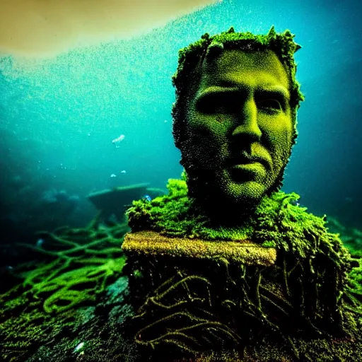 Image similar to Postapocalyptic ruins, Nicolas Cage underwater mossy old statue, ruins, photo, dark, kelp and moss all over, bottom of ocean, far shot, deep ocean, bottom of ocean, dark, 35mm, fish, underwater landscape, 4k, detailed, photorealistic, photo, Atlantis, underwater camera, fish, fish, fish