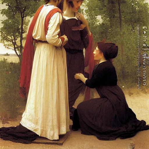 Image similar to far easterner has a conversation with a westerner, by bouguereau