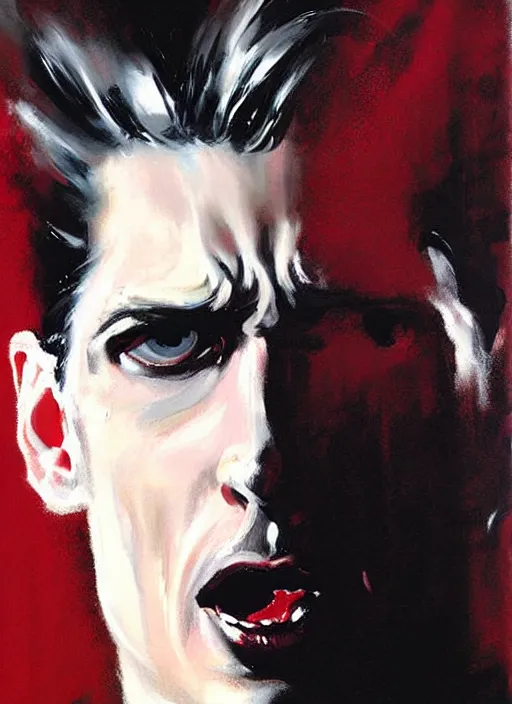 Image similar to dale cooper doppelganger, screaming, WHITE EYES!!! red curtains, painting by phil hale, 'action lines'!!!, graphic style, visible brushstrokes, motion blur, blurry