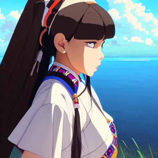 Image similar to a beautiful! plus sized native women instagram model, brown skin, wearing elegant catholic school girl designer fashion with mayan pattern and native style, aztec street fashion, gapmoe yandere grimdark, trending on pixiv fanbox, painted by greg rutkowski makoto shinkai takashi takeuchi studio ghibli, akihiko yoshida