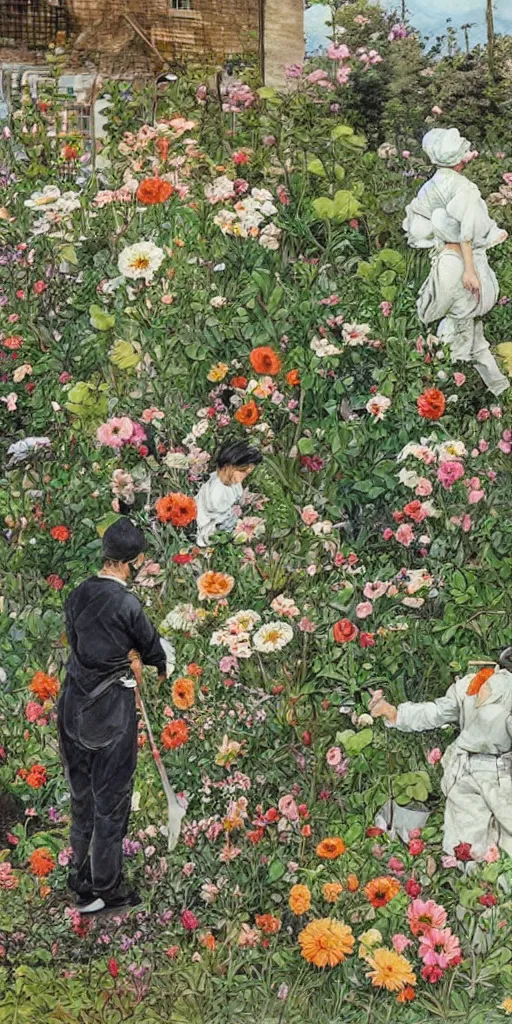 Image similar to oil painting scene from gardeners in the flower garden by kim jung gi