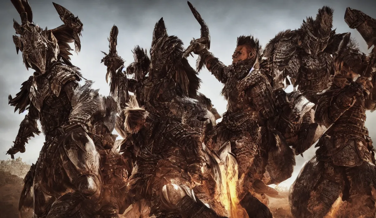 Image similar to distance photo of two ancient tribesman in armor from monster hunter holding futuristic weapons standing in front of attacking barbarian horde, handsome symmetrical faces, muscular bodies, dramatic lighting, cinematic, establishing shot, extremely high detail, photorealistic, 300 the movie,monster hunter the movie, monster hunter, cinematic lighting, artstation, octane render, western,old photo, vintage