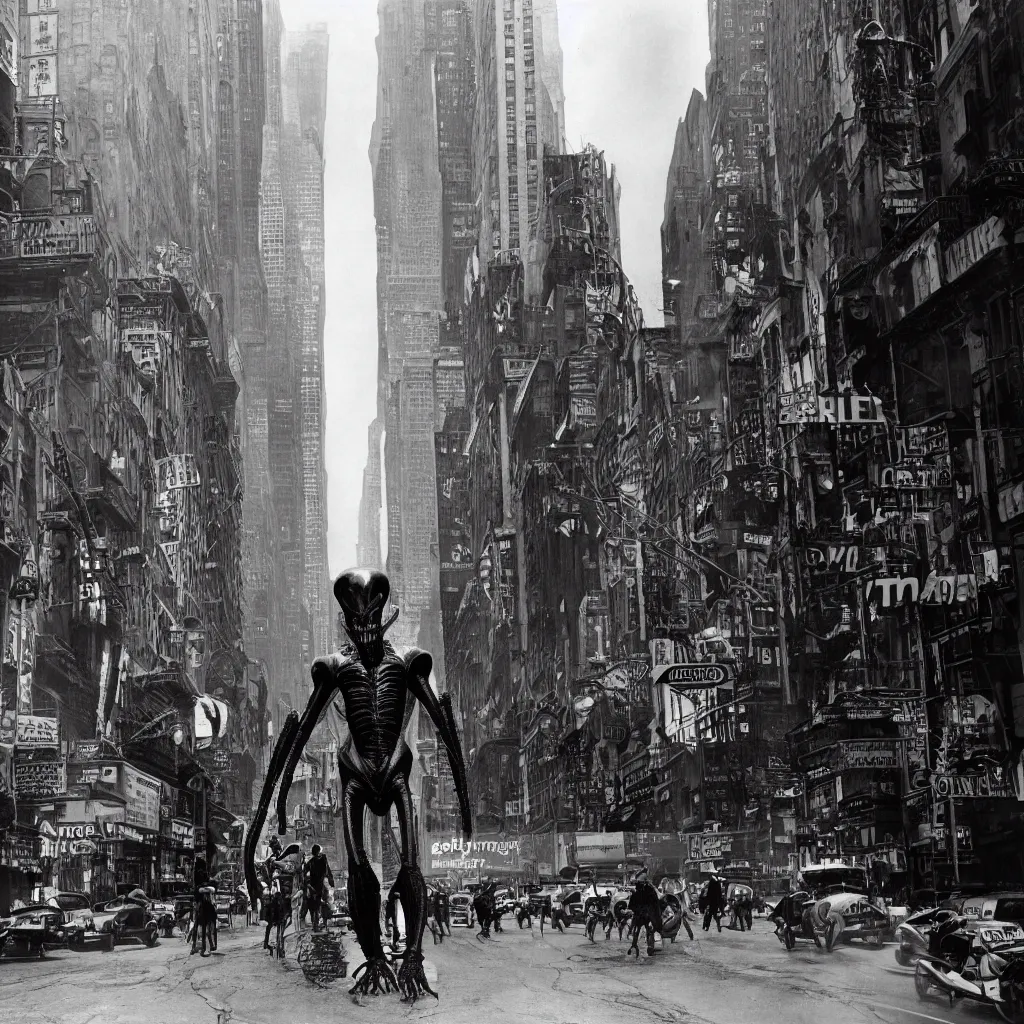 Image similar to old black and white photo, 1 9 1 3, depicting a xenomorph from the movie aliens rampaging through the bustling streets of new york city, historical record