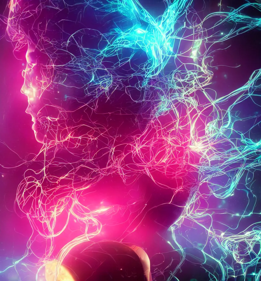 Prompt: illustration of human brain in profile, tendrils of colorful light, unreal engine, artstation, photorealistic, octane render, scifi